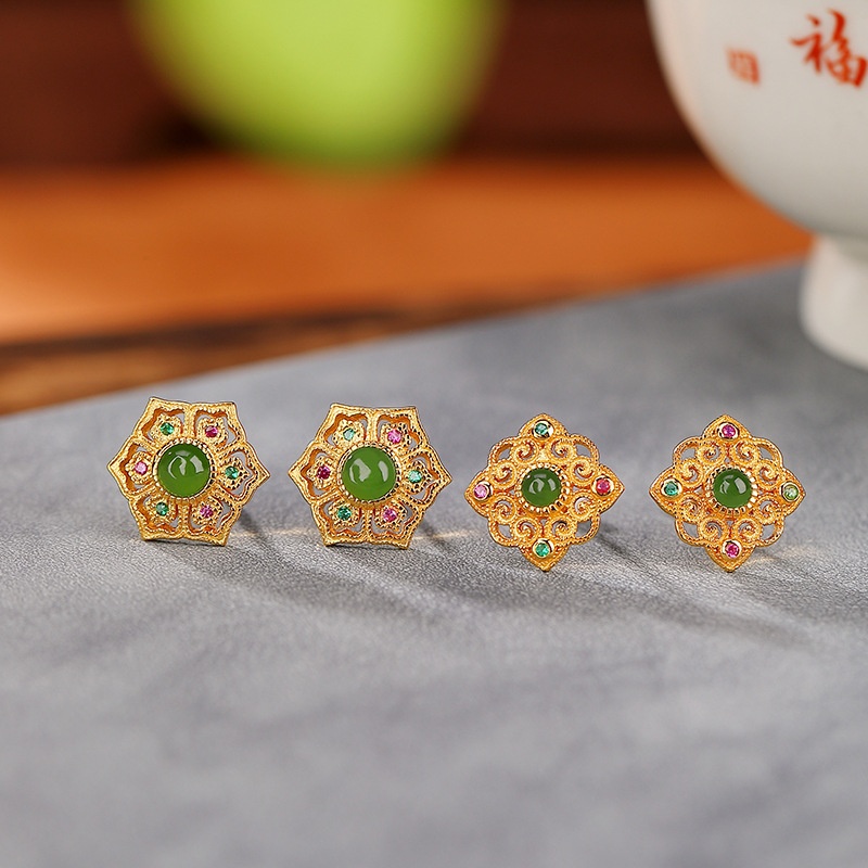 锦河畔 s925纯银镀金和田玉碧玉国潮花丝吉祥如意雪花耳钉气质