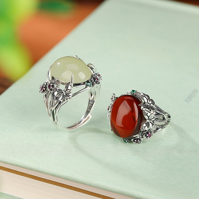 锦河畔 s925纯银和田玉血珀复古做旧蝴蝶花朵戒指气质民族风银