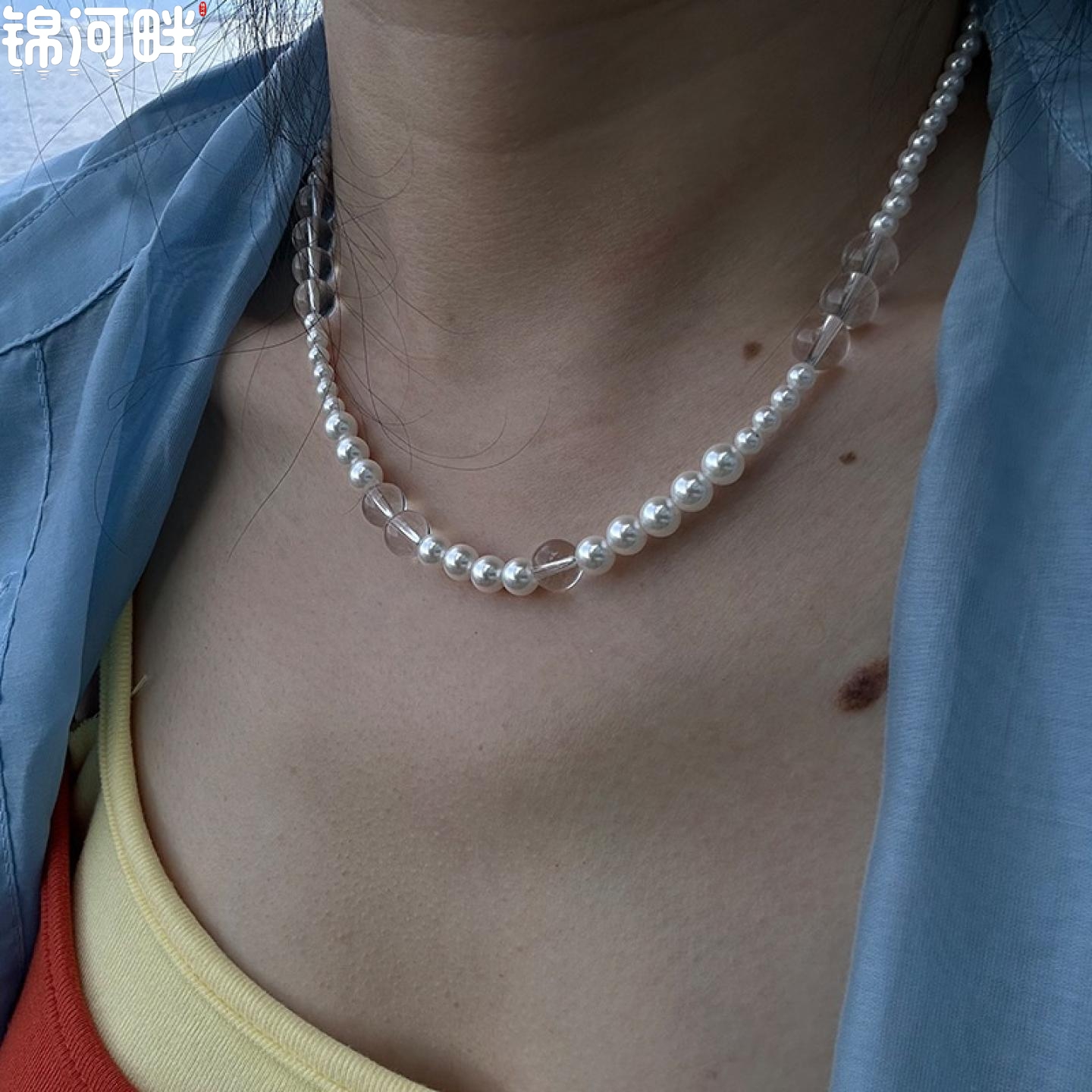 锦河畔 施家珍珠水晶项链女925纯银豌豆扣子锁骨链2024夏季新品