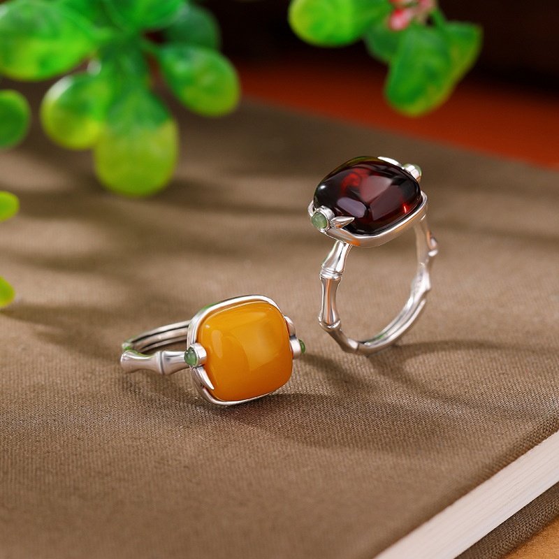 锦河畔 s925纯银和田玉碧玉蜜蜡血珀复古竹节竹叶方形戒指开口