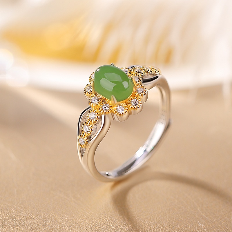 锦河畔 s925纯银天然和田玉碧玉戒指分色中古风轻奢通勤女开口