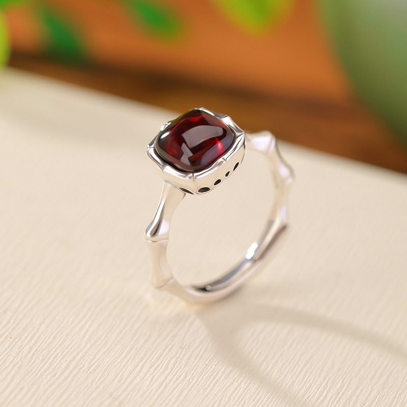 锦河畔 s925纯银血珀复古新中式竹节竹叶方形戒指节节高升国风