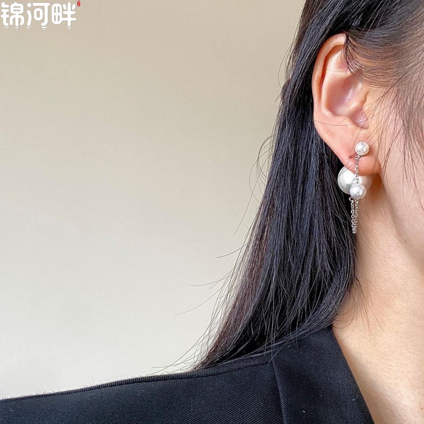 锦河畔 925纯银长款前后挂式珍珠耳钉女简约温柔甜美小清新气质