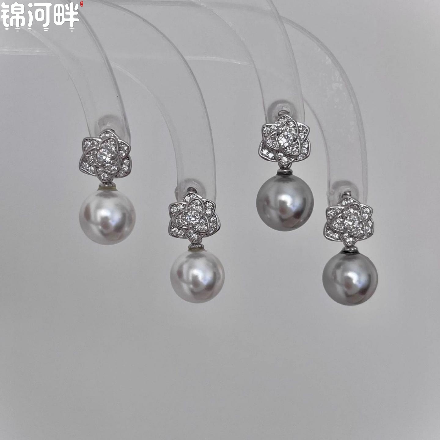锦河畔 925纯银轻奢镶钻山茶花耳钉施家珍珠女简约精致气质花朵