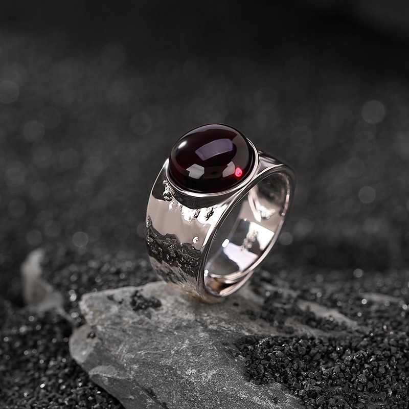 锦河畔 s925纯银血珀复古简约大气圆形戒指几何时尚个性银开口