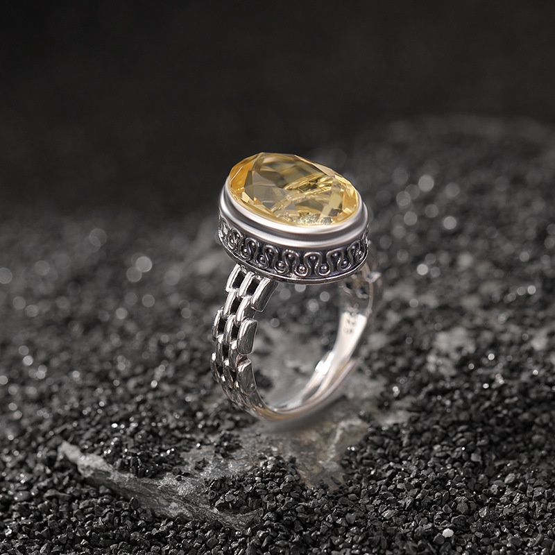 锦河畔 s925纯银黄水晶复古做旧吉祥如意花纹蛋面戒指气质切面