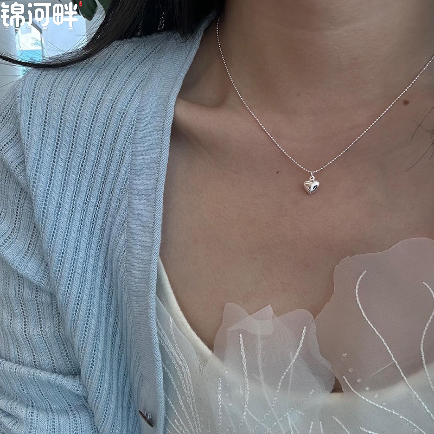锦河畔 925纯银光面爱心圆珠项链女简约小众设计甜美桃心形锁骨