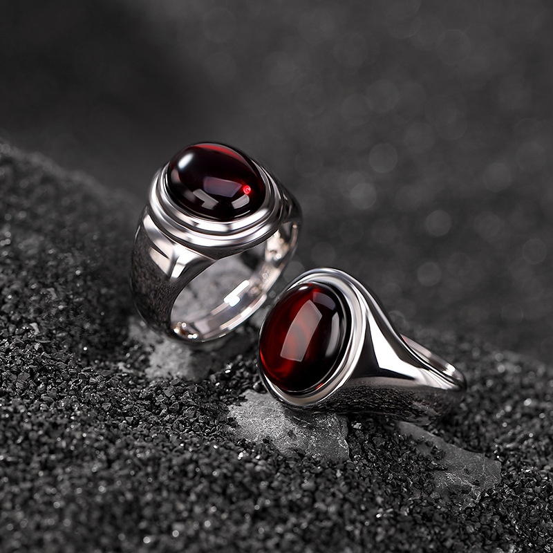 锦河畔 s925纯银血珀复古亮面简约大气蛋面戒指轻奢优雅百搭银