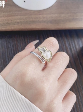 锦河畔 s925纯银欧美夸张个性叶子拼色镶珍珠轻奢精致开口戒指