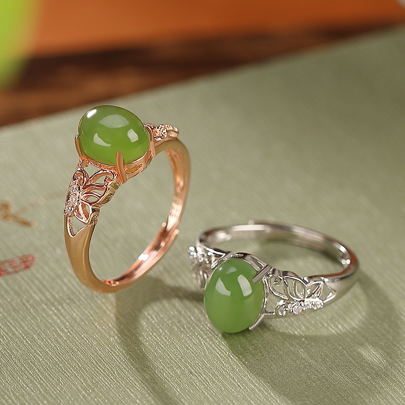 锦河畔 s925纯银镀玫瑰金和田玉碧玉蝴蝶镂空蛋面戒指个性气质