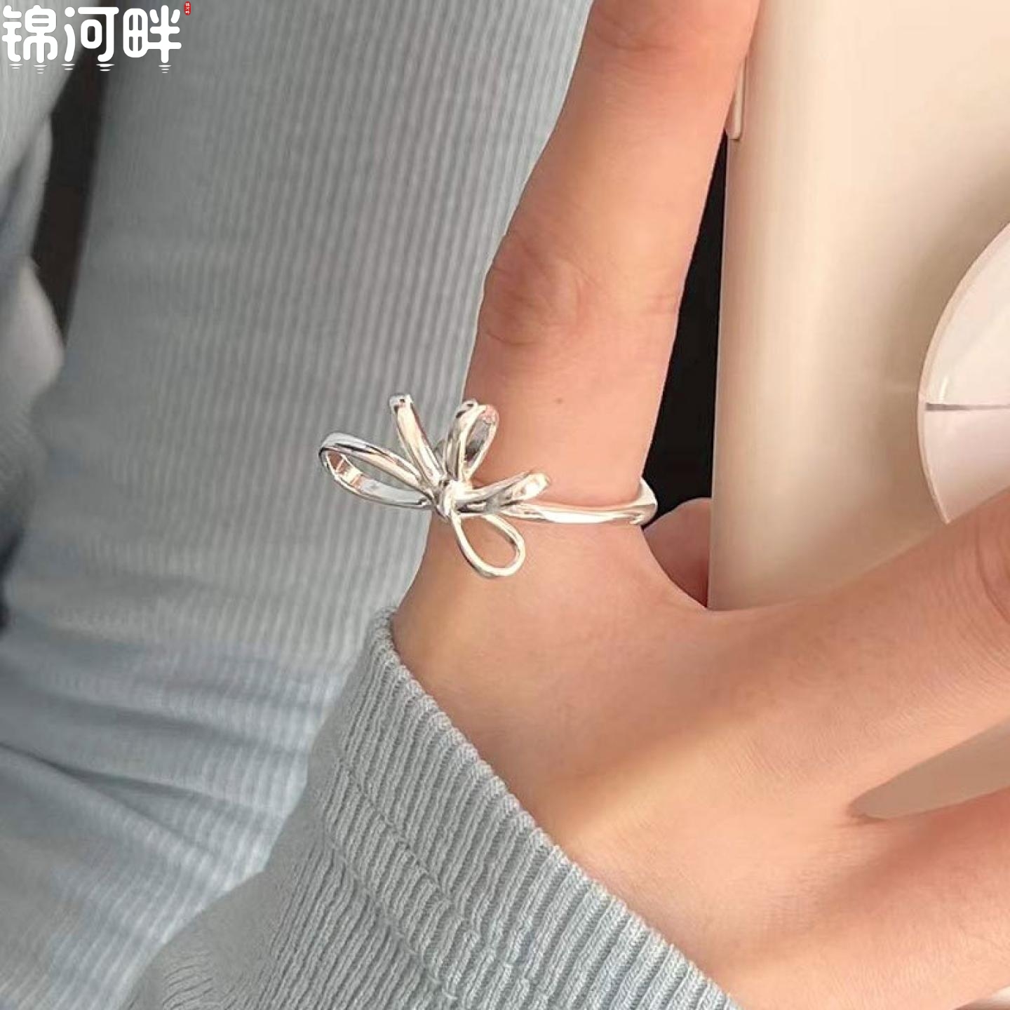 锦河畔 s925纯银戒指女蝴蝶结戒指亮银色订单款小众设计轻奢时尚