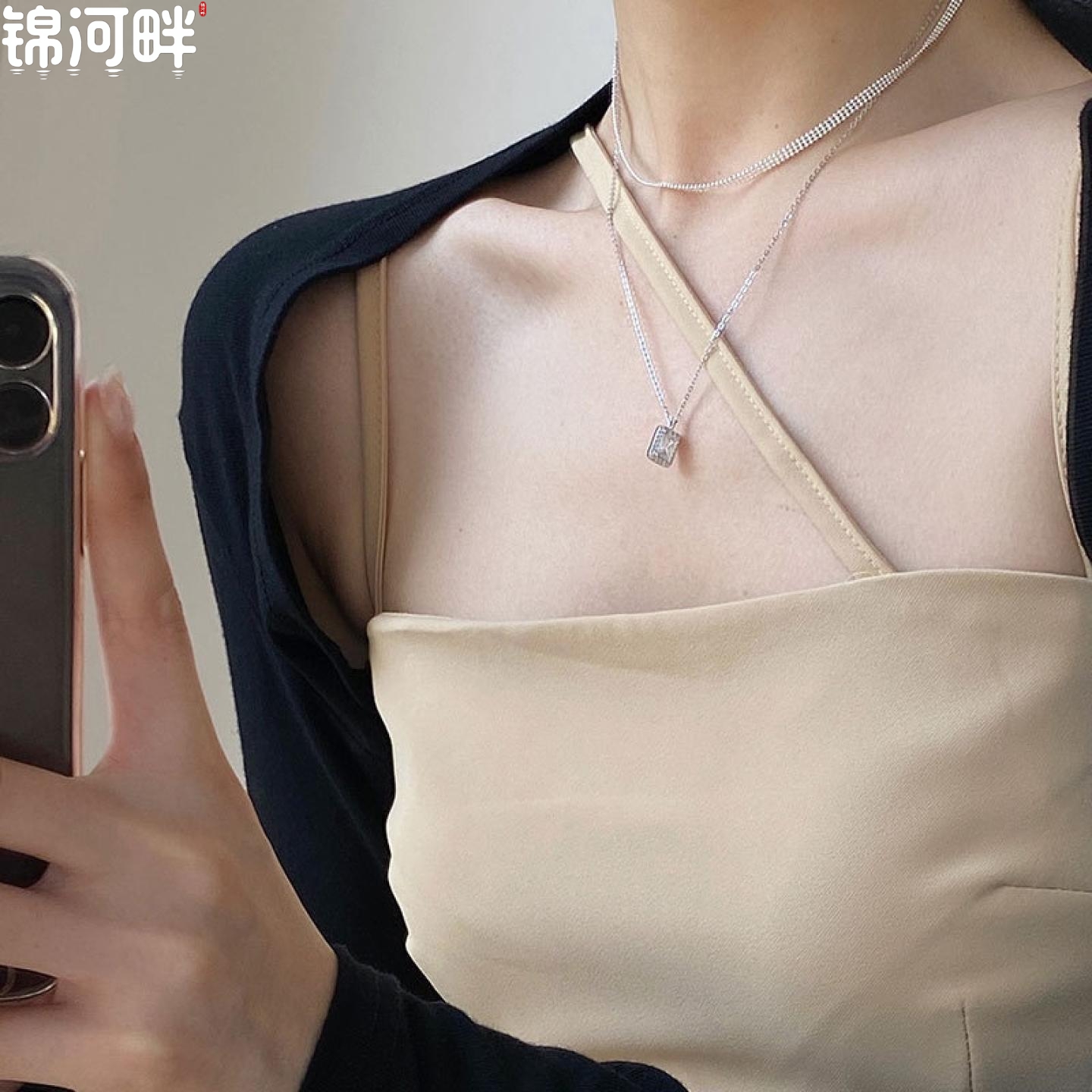 锦河畔 方形锆石项链纯银女INS网红小众设计简约气质锁骨链新品