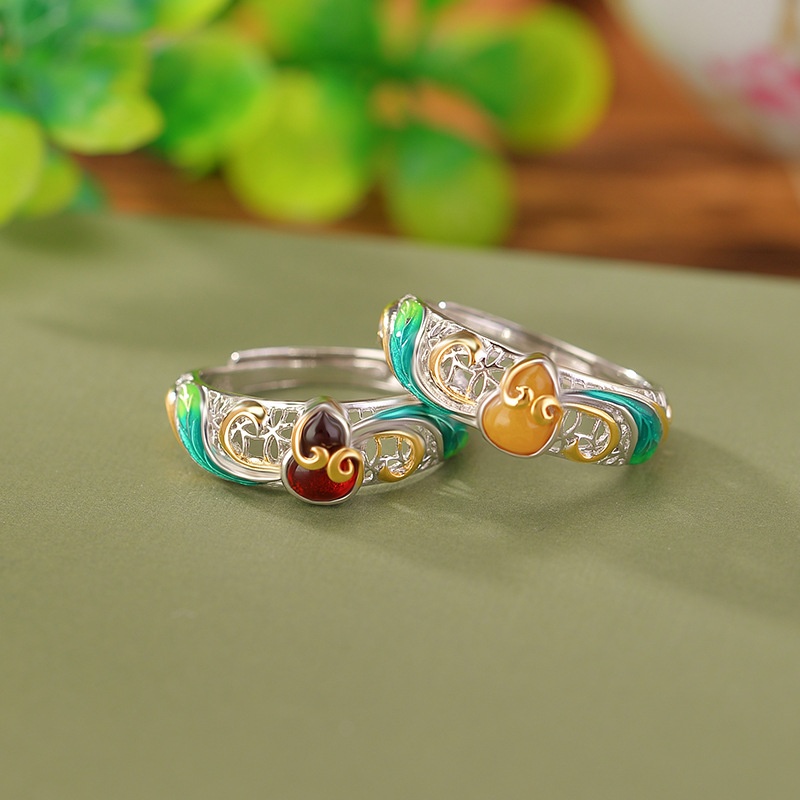 锦河畔 s925纯银镀金蜜蜡血珀国潮景泰蓝吉祥如意福禄葫芦戒指