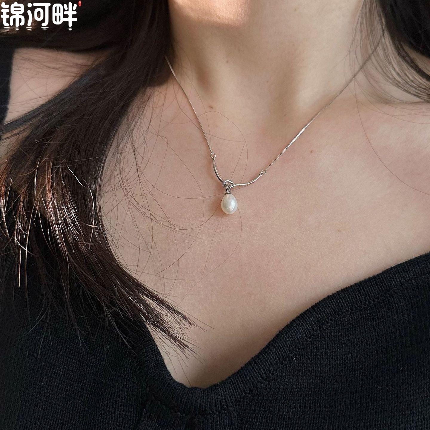 锦河畔 s925纯银绳结天然珍珠项链女法式轻奢设计冷淡风气质锁骨