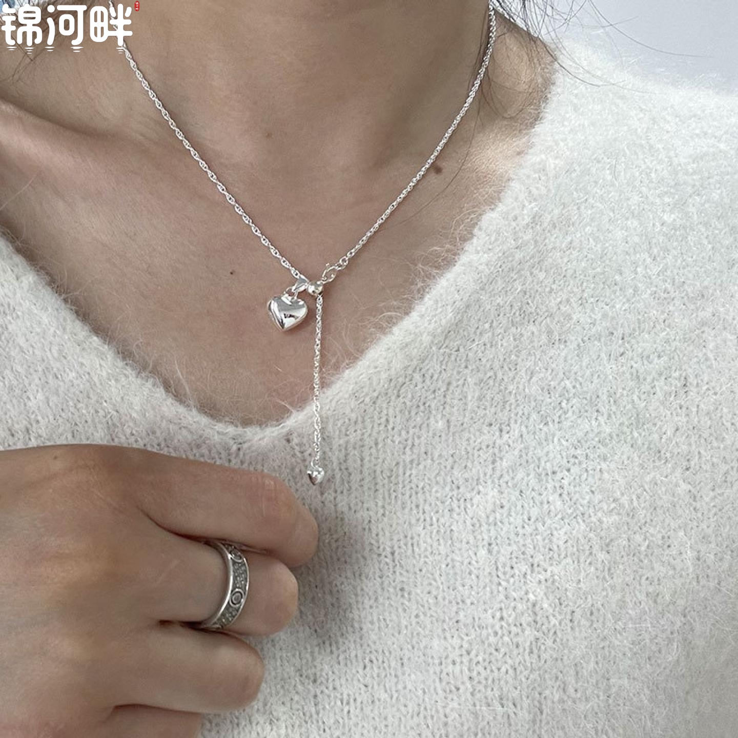 锦河畔 双爱心项链925纯银简约小清新甜美仙女气质桃心形流苏