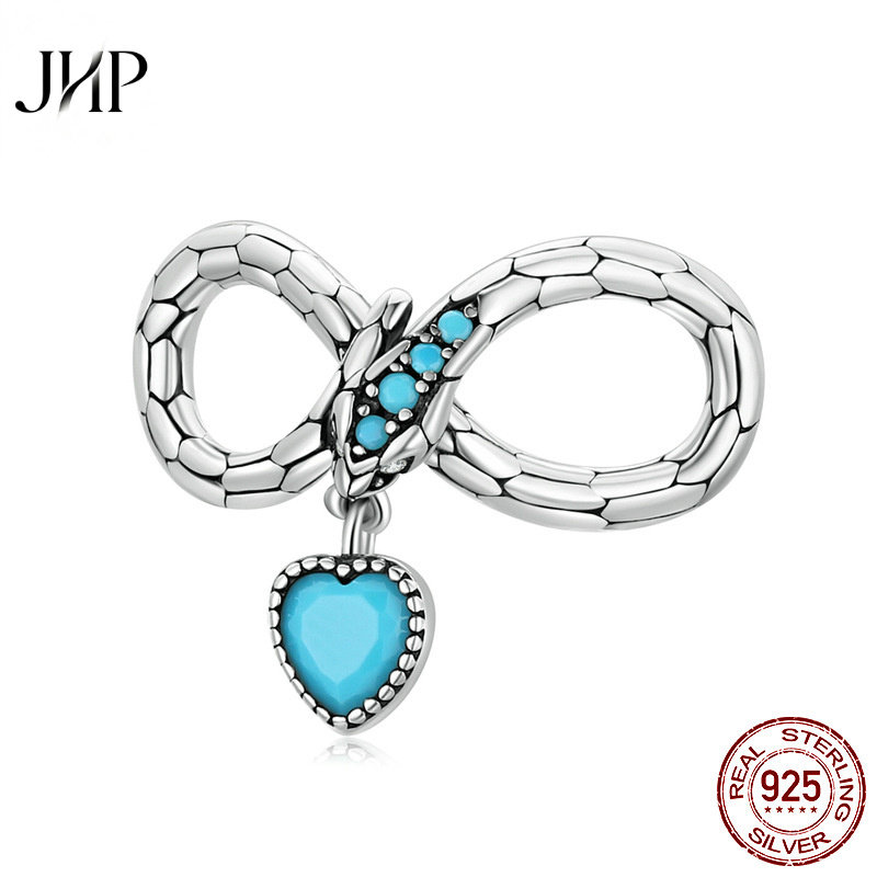 锦河畔925银灵蛇无限爱散珠串饰 欧美蓝色爱心diy珠子配饰