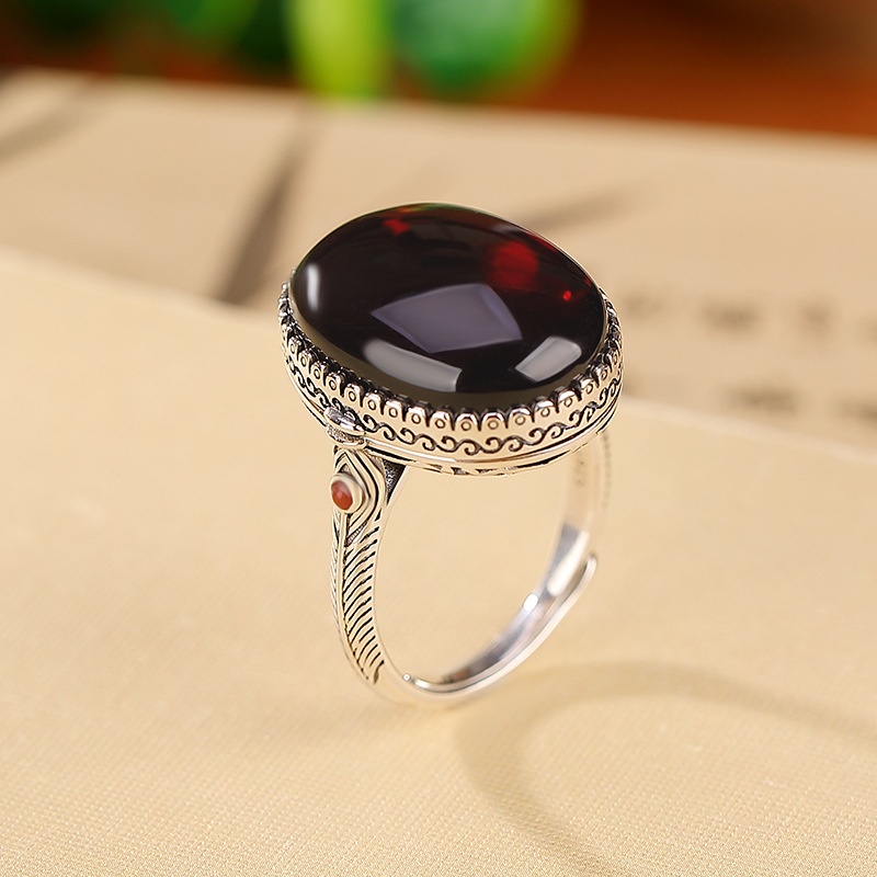 锦河畔 s925纯银血珀莲花香囊蛋面戒指民族风小众轻奢复古气质