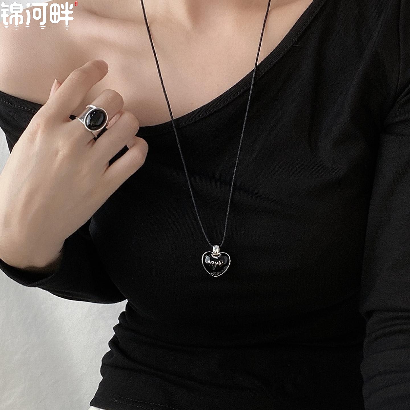 锦河畔 925纯银luck爱心黑绳项链女简约手工设计长短自由调节
