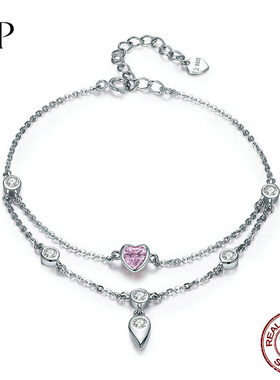 锦河畔原创款欧美时尚手链女士甜心925镶粉红色锆石银手链