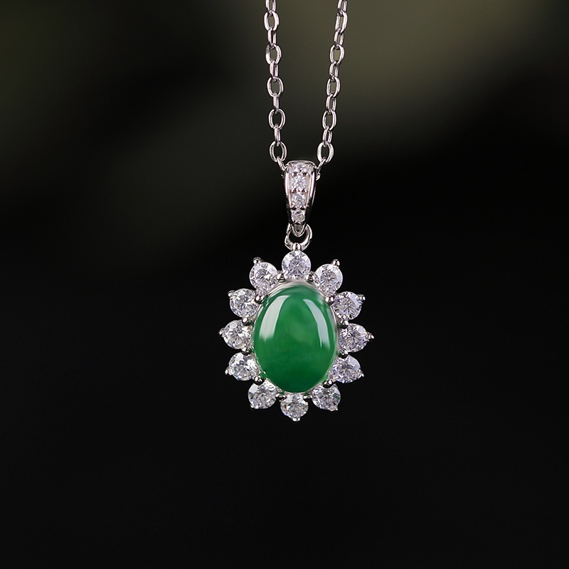 锦河畔 s925纯银翡翠复古轻奢简约蛋面太阳花吊坠时尚百搭气质挂