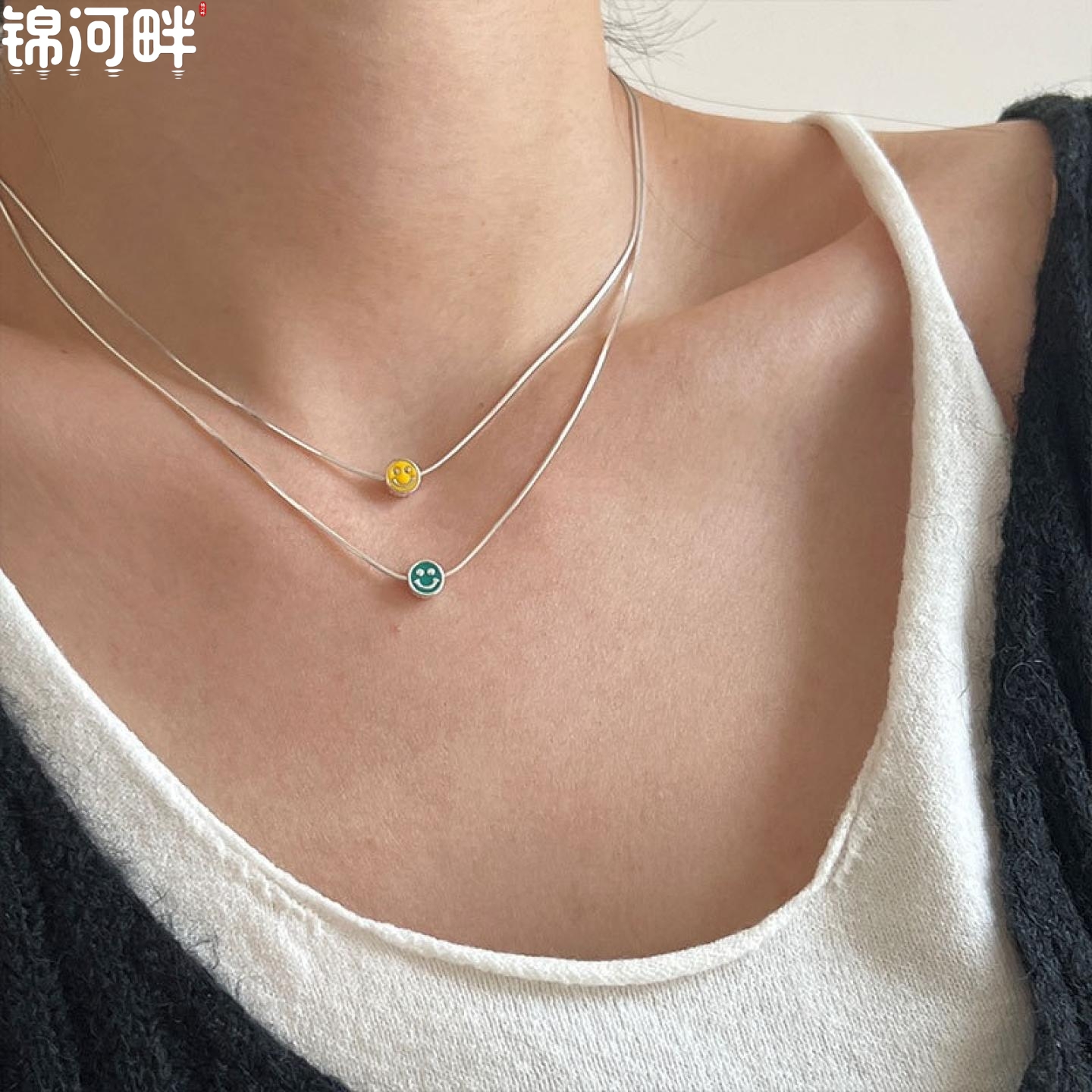 锦河畔 滴油笑脸项链女s925纯银精致甜美可爱彩色笑脸锁骨链圆形