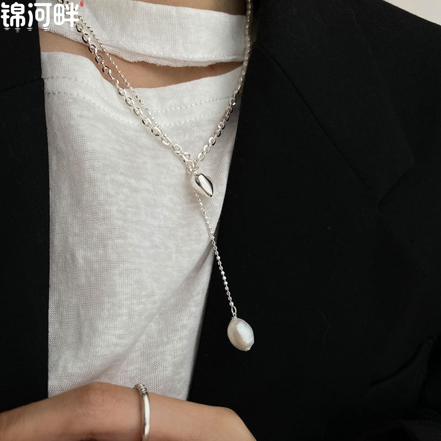 锦河畔 珍珠爱心项链s925纯银韩版简约时髦个性银链条异形珠锁骨
