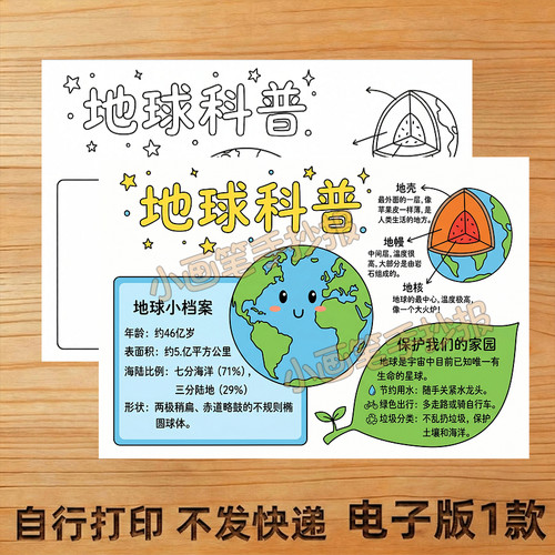 地球科普手抄报4K模板A4A3线稿电子版主题画创意画儿童画