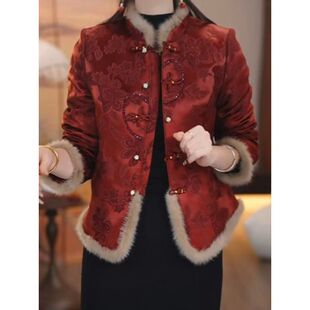 宋锦提花缎夹棉加厚真毛领棉衣外套2025冬新款新中式显瘦保暖棉袄