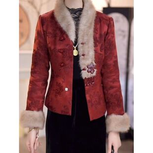 加厚夹棉宋锦提花缎新中式棉衣外套冬季新款气质显瘦国风保暖棉袄