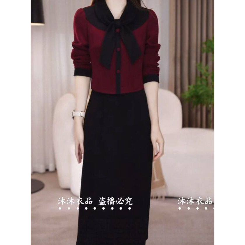 欧棉绒假两件套装连衣裙秋冬新款女时尚气质减龄遮肉修身显瘦裙子