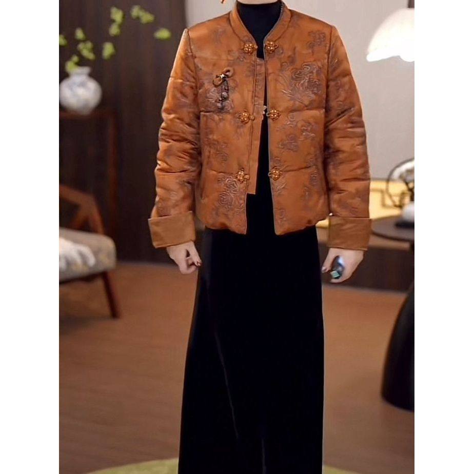 夹棉加厚新中式丝缎两件套2025冬新款时尚气质显瘦外套半身裙套装