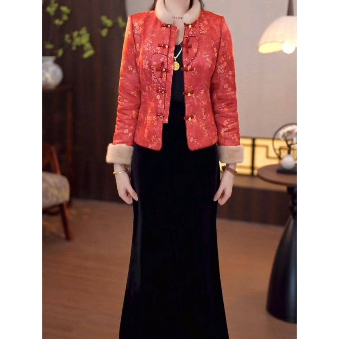 夹棉加厚新中式宋锦缇花缎棉衣外套半身裙两件套2025冬季新款套装,女装/女士精品,时尚套装,淘宝优惠券,粉丝福利购,淘宝优惠卷