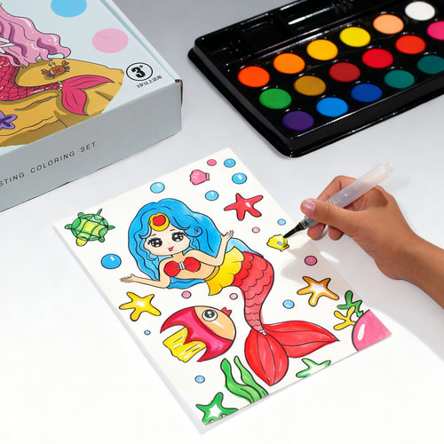 画画儿童涂色画卡涂鸦填色水彩画公主画画本涂色书美人鱼涂色本
