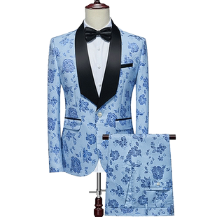 大码男表演出舞台西装晚礼服新郎主持人套装绣花西服+西裤两件套