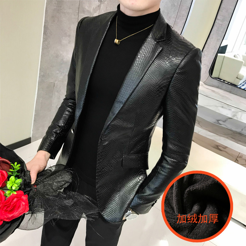 司仪新郎格纹酷皮衣加绒男修身个性西服皮纹路黑色西装夹克潮流男