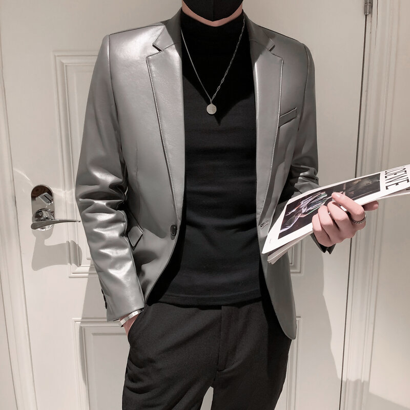 春秋个性主播帅哥皮衣夹克青年男子小西装单西修身韩版灰色西服