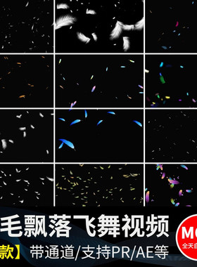 白色羽毛飘落掉落飘落彩色飞舞元素特效果透明通道pr/ae视频素材