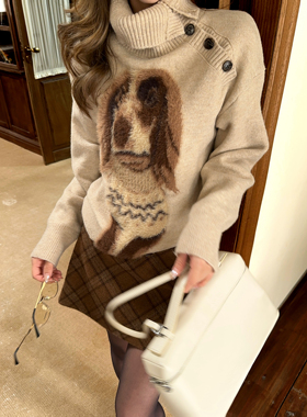 陈团团TUAN 复古水貂毛腊肠狗高领毛衣女秋冬设计感侧肩纽扣毛衣