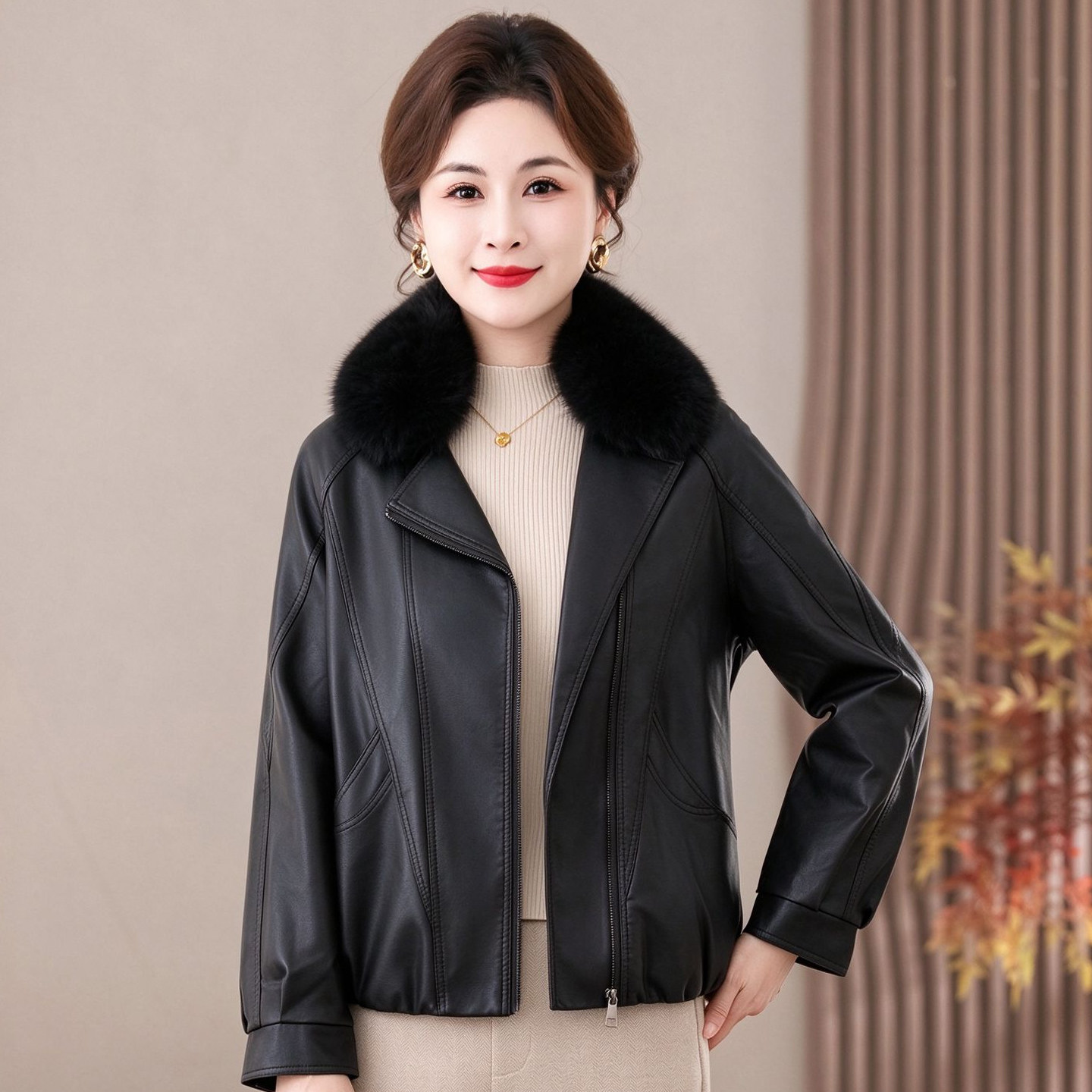 皮衣女外套中年妈妈春秋新款夹克