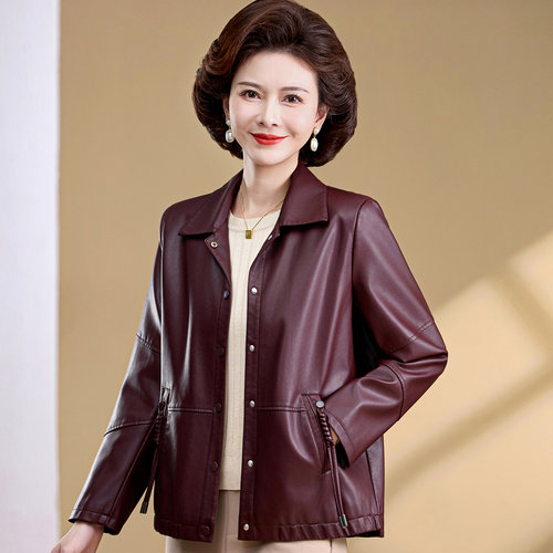 皮衣外套女中老年人春秋皮夹克