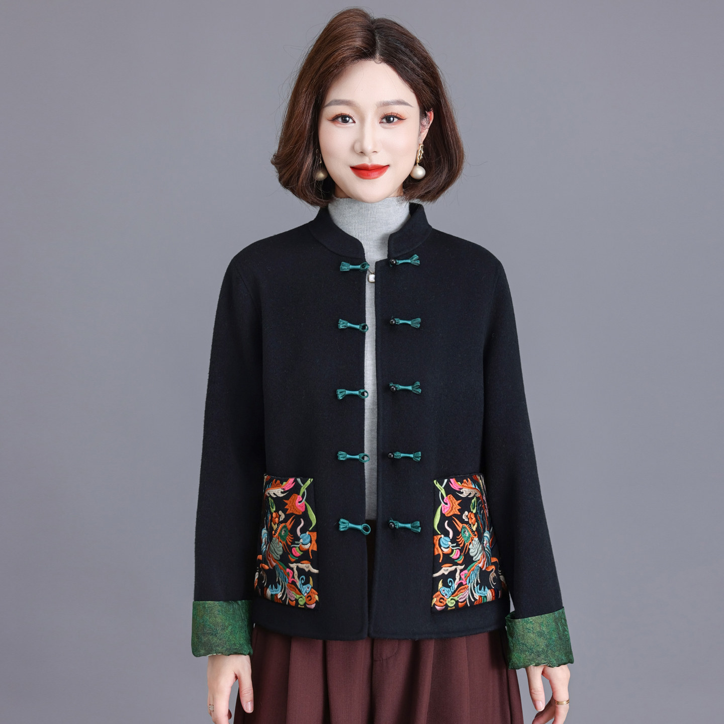 新中式双面呢外套女洋气妈妈上衣