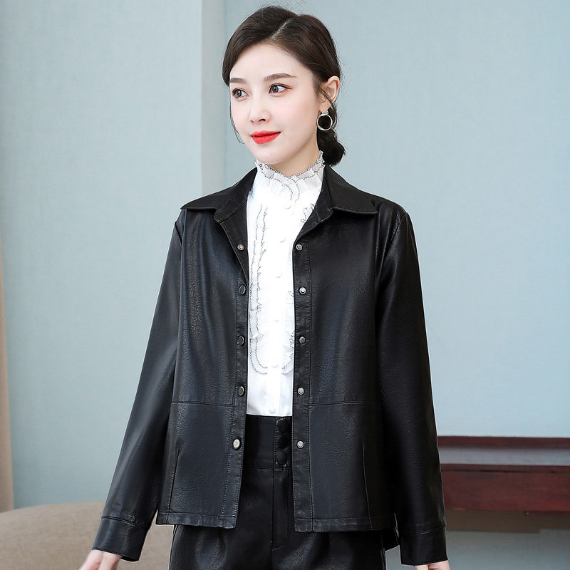 大码休闲皮夹克中年女人皮衣外套