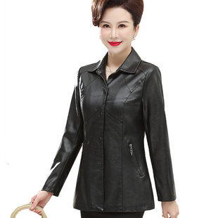 时尚 洋气质西装 中老年人女PU衣服 皮衣女中款 妈妈春秋外套2026新款