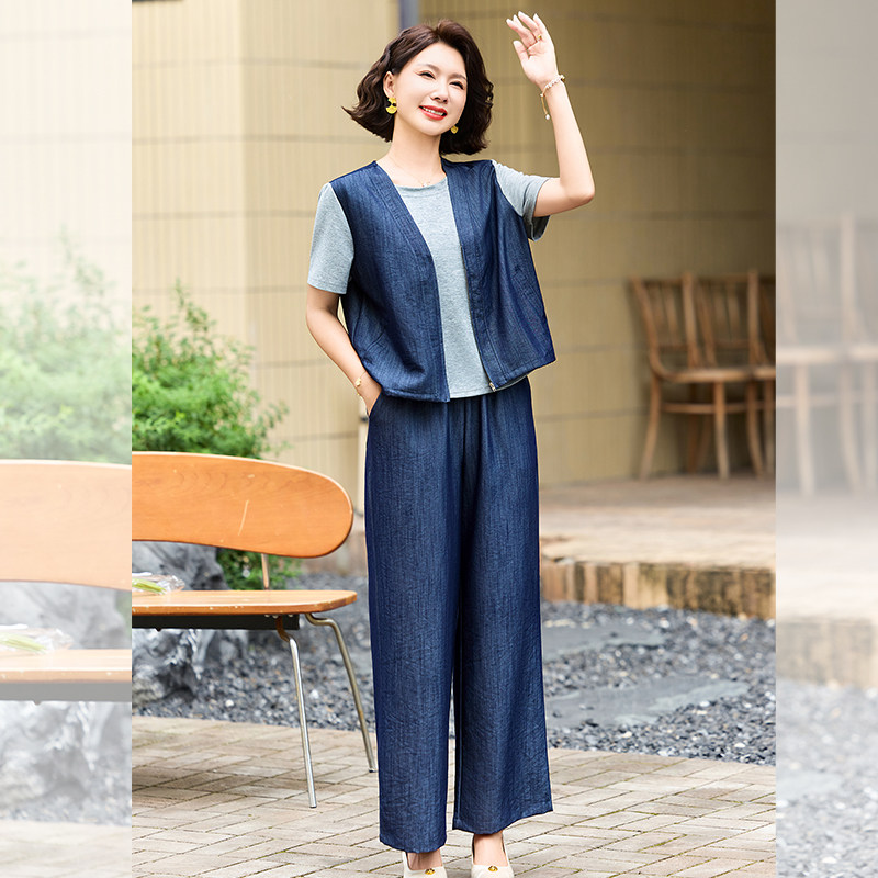 中老年女装牛仔马甲两件套夏装