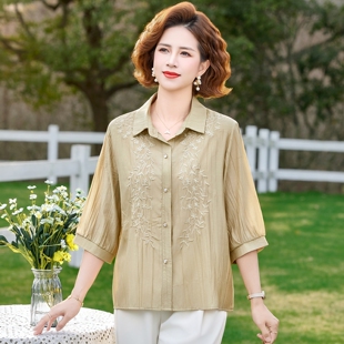 端庄大气质妈妈夏装衬衫时尚翻领中袖打底衫中老年女装短袖t恤衫