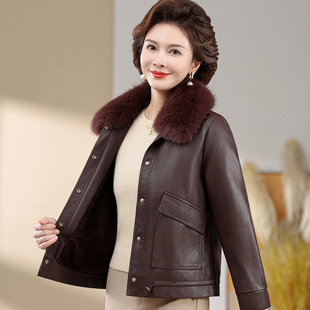 皮衣外套女加绒带毛领短款小个子妈妈秋冬装外套时尚洋气皮毛一体