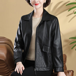 皮衣外套女洋气2025春秋新款妈妈装皮夹克休闲宽松中年妇女PU皮褂
