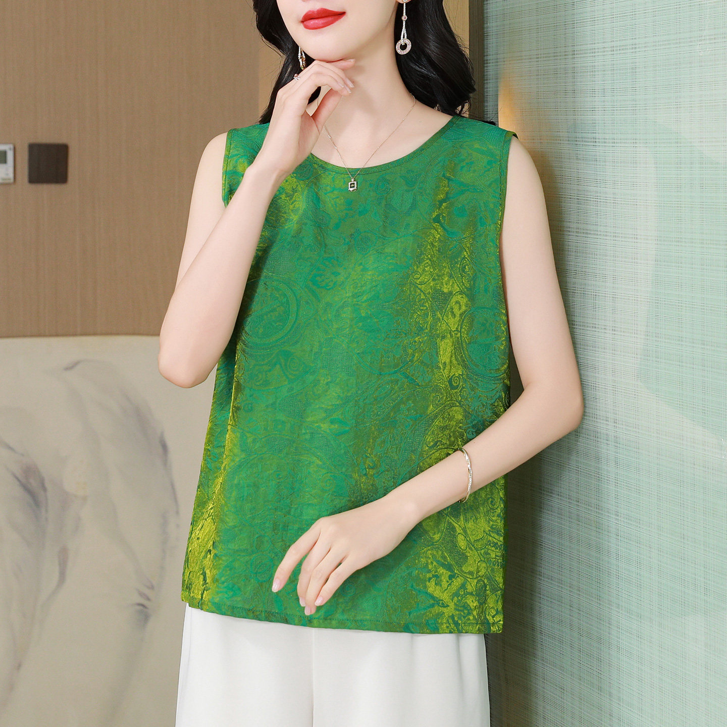 真丝无袖上衣女2025新款国风桑蚕丝t恤中年妈妈夏装短袖宽松背心