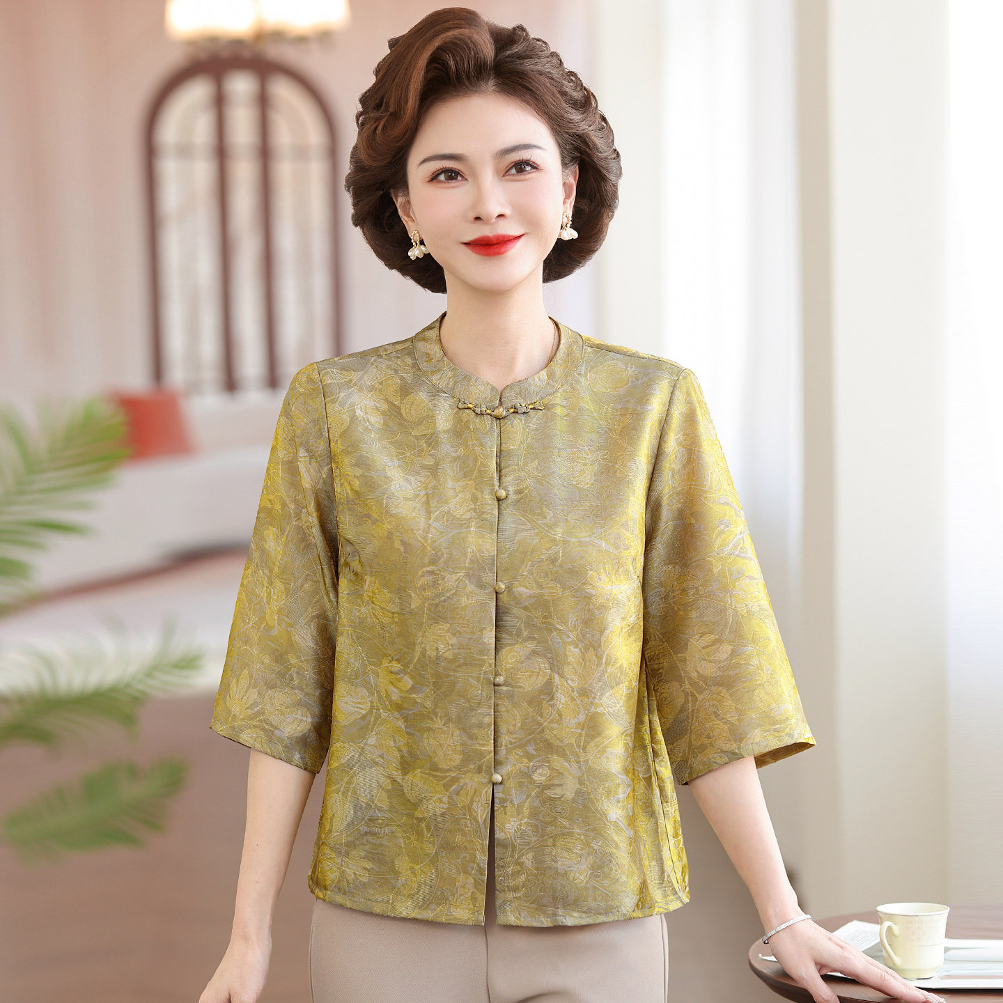 中老年女人短袖衬衫妈妈夏装套装