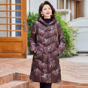 妈妈冬装羽绒棉服中长款修身显瘦中老年女人棉衣新中式国风连帽款